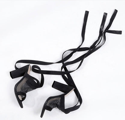 NoirLace | Orthopedic Bandage Block Heel Sandals with Mesh Detail