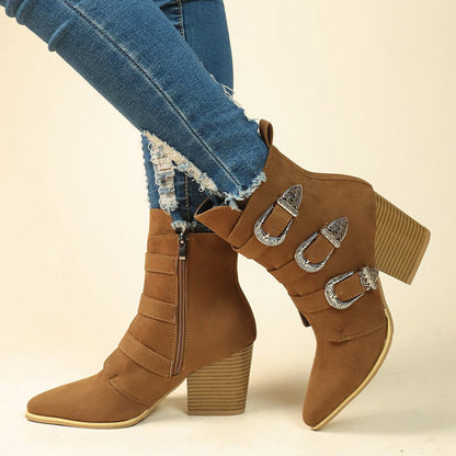 OrthoCare Retro Buckle Boots - Chunky Heel Comfort