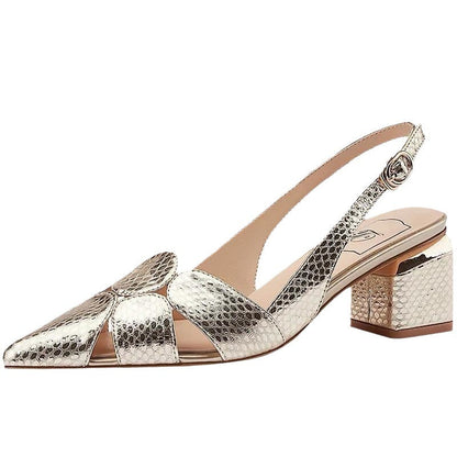 Metallic Pointed Toe Slingback Block Heels