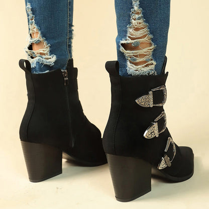 OrthoCare Retro Buckle Boots - Chunky Heel Comfort