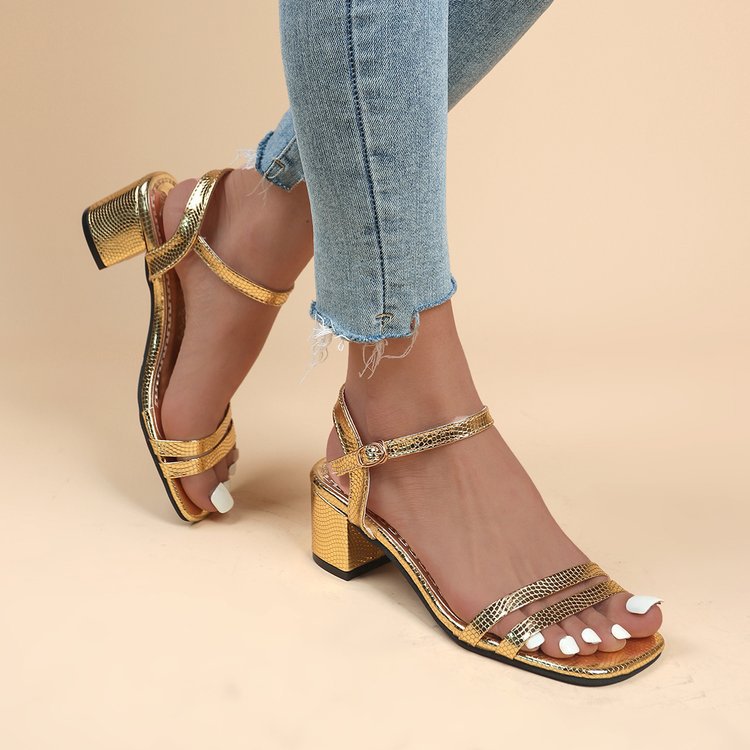 OrthoCare Metallic Ankle Strap Block Heel Sandals