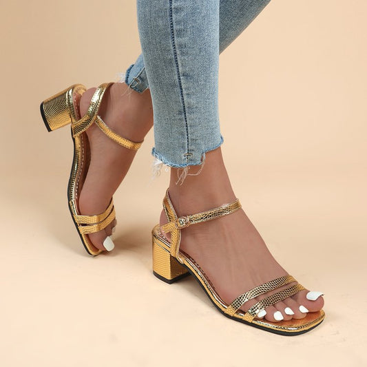 OrthoCare Metallic Ankle Strap Block Heel Sandals
