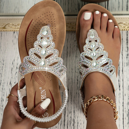 Nuvielle | Women’s Orthopedic Rhinestone Leaf Toe Ring Sandals