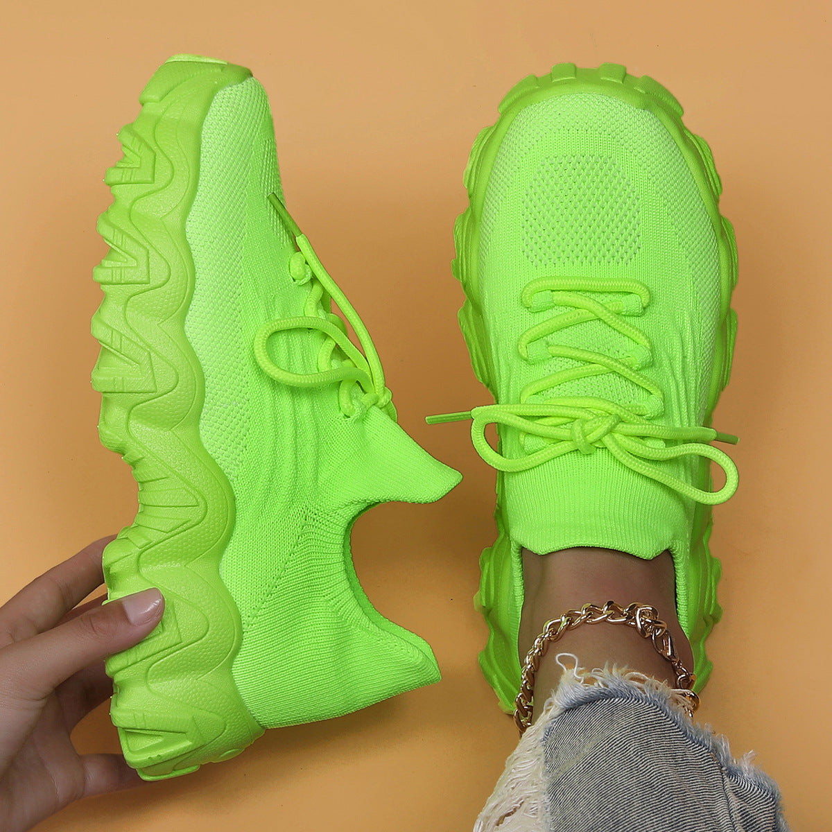 Orthopedic Chunky Sneakers – Breathable Knit Lace-Up Comfort Walking Shoes