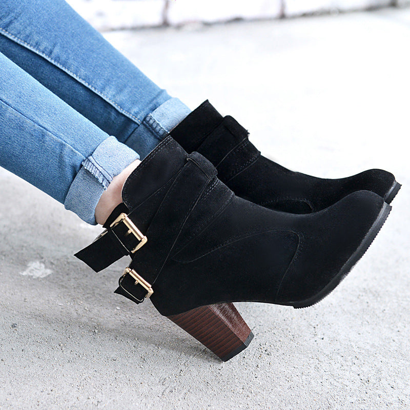 Althea | Orthopedic Suede Ankle Boots with Chunky Heel & Double Buckle Detail