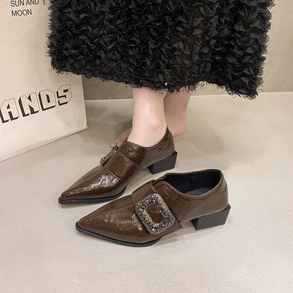 Glossy Buckle Strap Block Heel Loafers