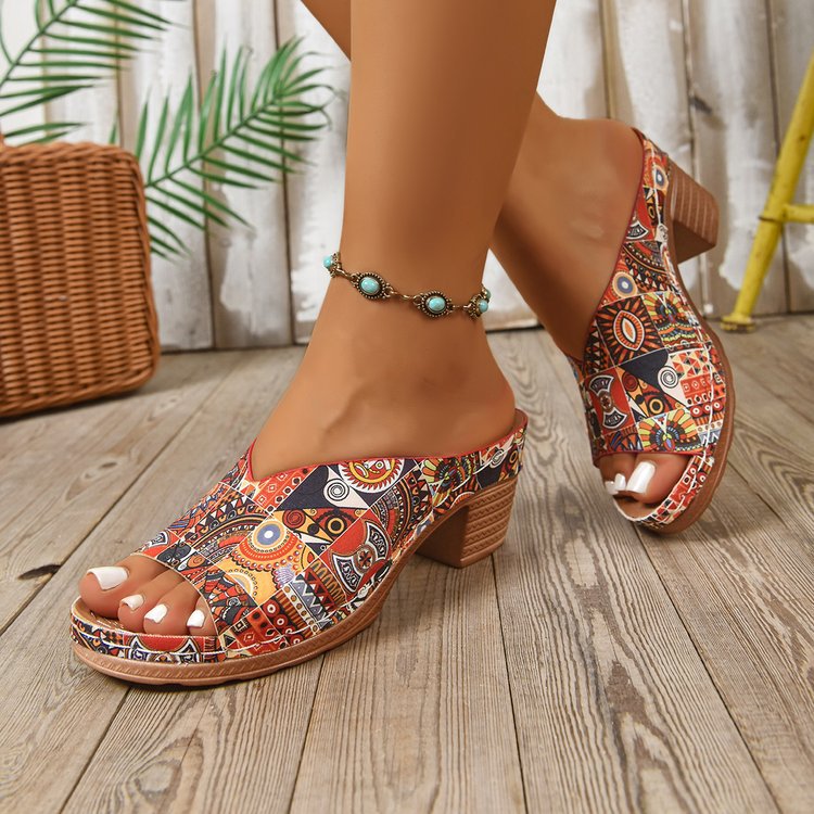 Halcyra | Women’s Orthopedic Boho Printed Block Heel Mules