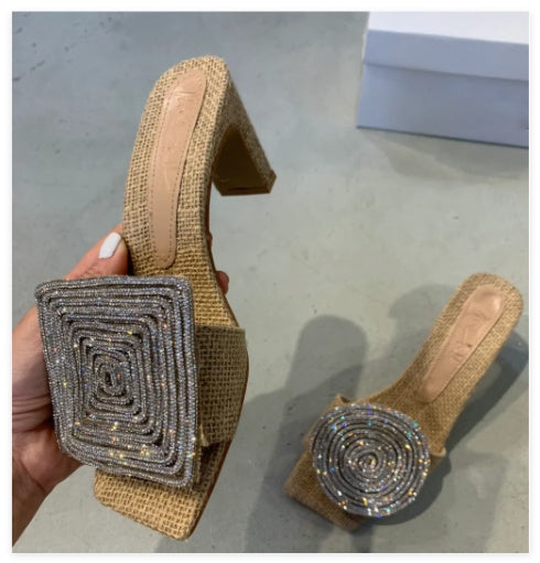 Cecilia | Orthopedic Block Heel Slide Sandals – Woven Square-Toe Comfort