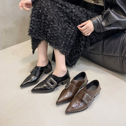 Glossy Buckle Strap Block Heel Loafers