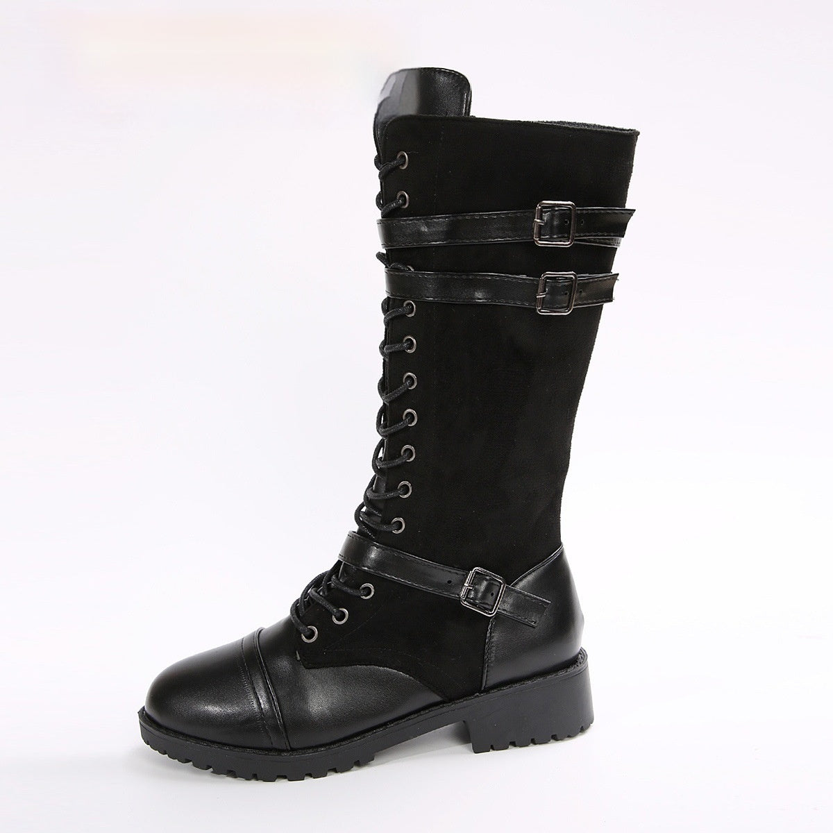 Lea | Orthopedic Round Toe Rivet Belt Buckle Square Heel Boots
