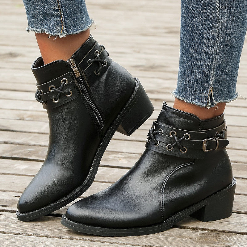 OrthoCare Leather Ankle Boots - Thick Heel Zip