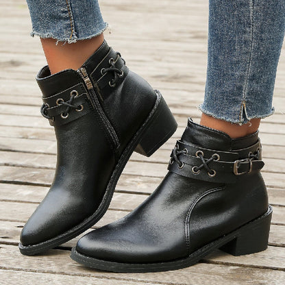 OrthoCare Leather Ankle Boots - Thick Heel Zip