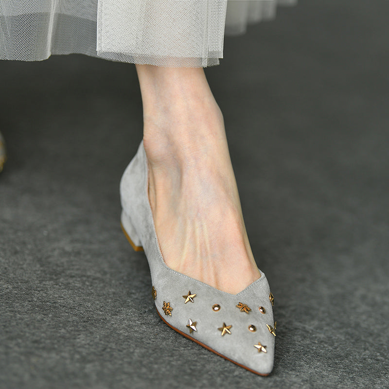 OrthoCare Women’s Suede Star Embellished Flats – Elegant Low Heel Comfort Shoes