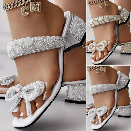 Bali | Orthopedic Crystal Bow Sandals – Elegant Low Block Heel Comfort