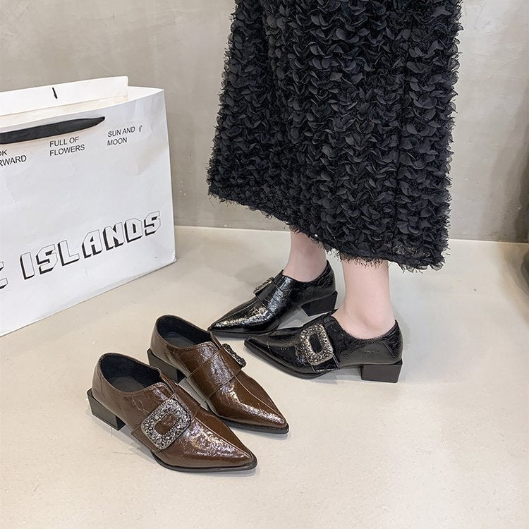 Glossy Buckle Strap Block Heel Loafers