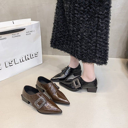 Glossy Buckle Strap Block Heel Loafers