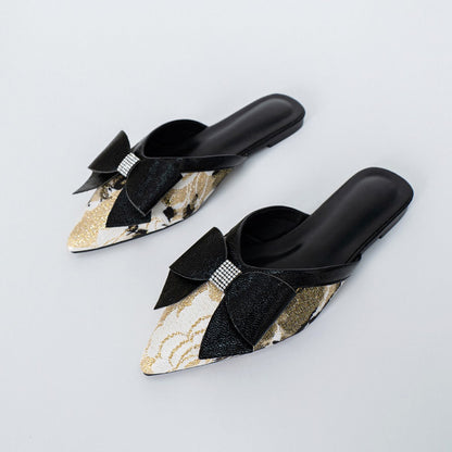 OrthoCare | Metallic Bow Pointed Toe Mule Flats