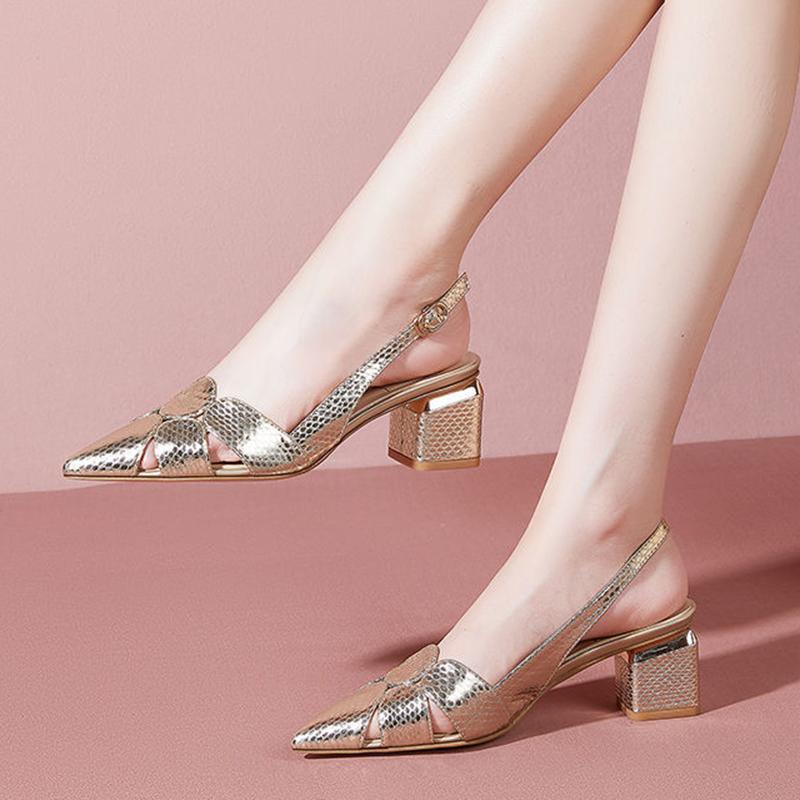 Metallic Pointed Toe Slingback Block Heels