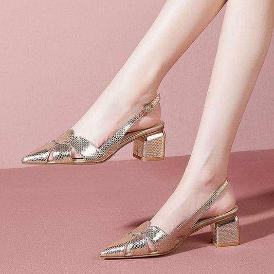 Metallic Pointed Toe Slingback Block Heels