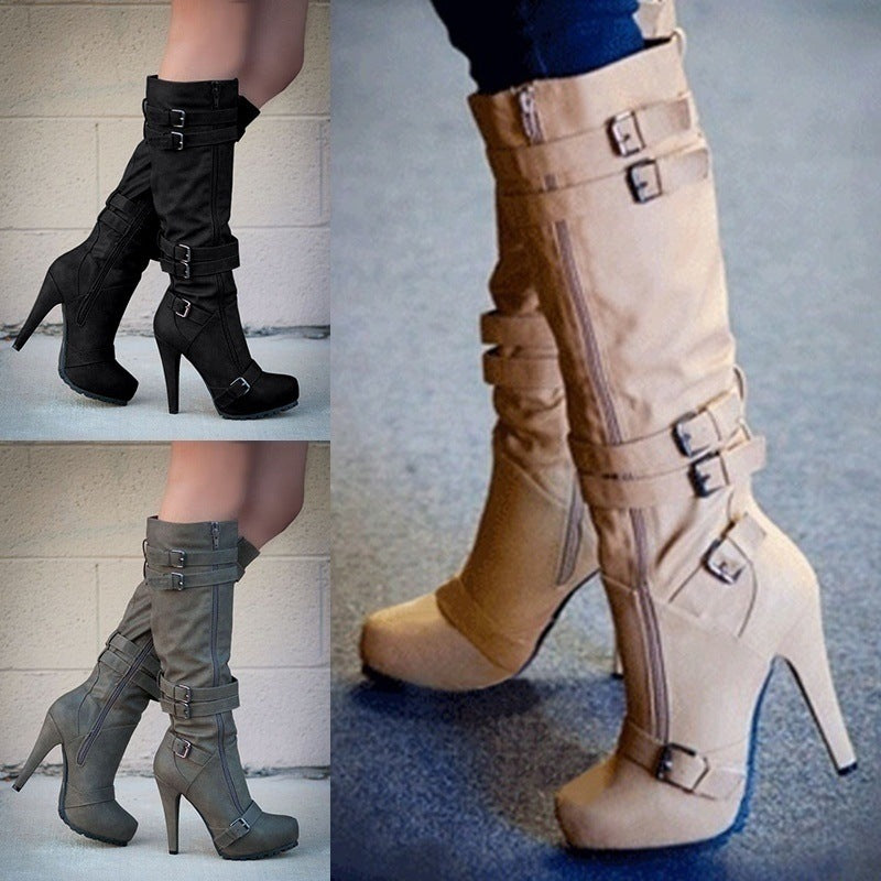 Bela | Orthopedic Retro High-Heel Boots – Zipper & Buckle Knee-High Booties