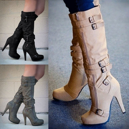 Bela | Orthopedic Retro High-Heel Boots – Zipper & Buckle Knee-High Booties