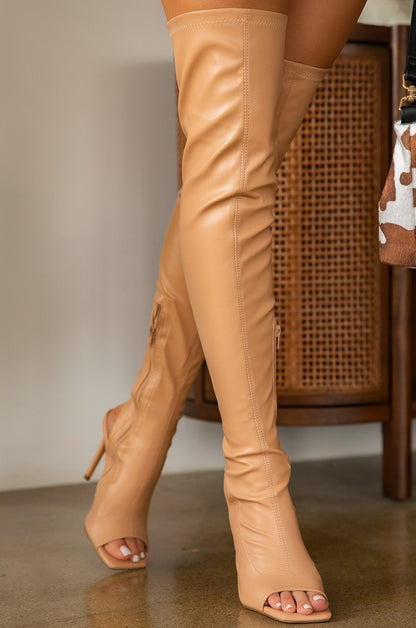 Qamar | Orthopedic Nude Faux Leather Peep-Toe Thigh-High Stiletto Boots