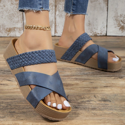 Caitlin | Orthopedic Woven Platform Sandals – Cross-Strap Slip-On Comfort