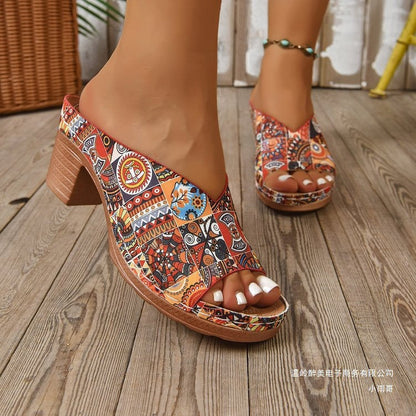 Halcyra | Women’s Orthopedic Boho Printed Block Heel Mules