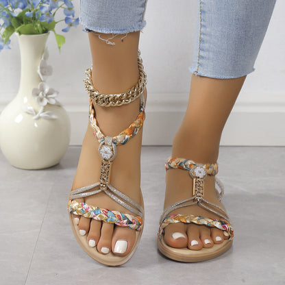 Qadira | Orthopedic Floral Braided Rhinestone Embellished Flat Sandals