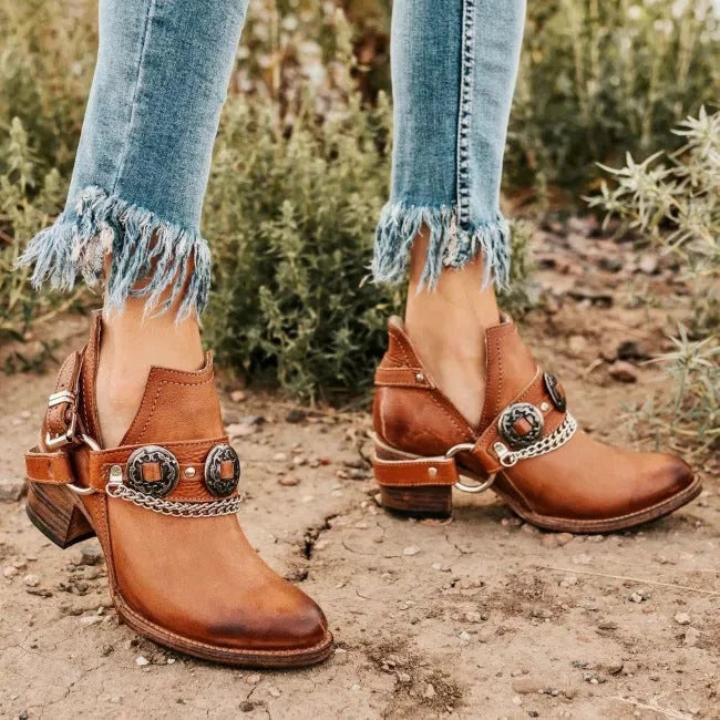 Calista | Orthopedic Western Buckled Chain-Accent Ankle Booties