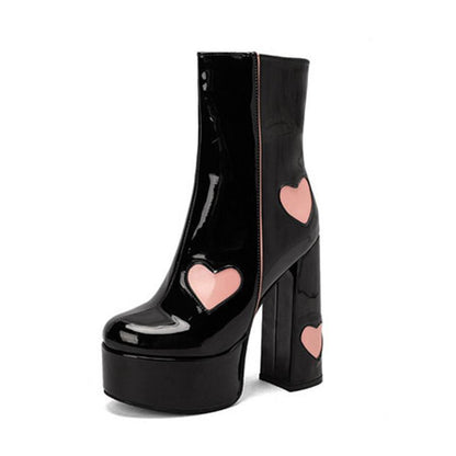 Quinley | Orthopedic Glossy Black Platform Heart Accent Ankle Boots