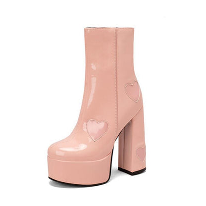 Quinley | Orthopedic Glossy Black Platform Heart Accent Ankle Boots