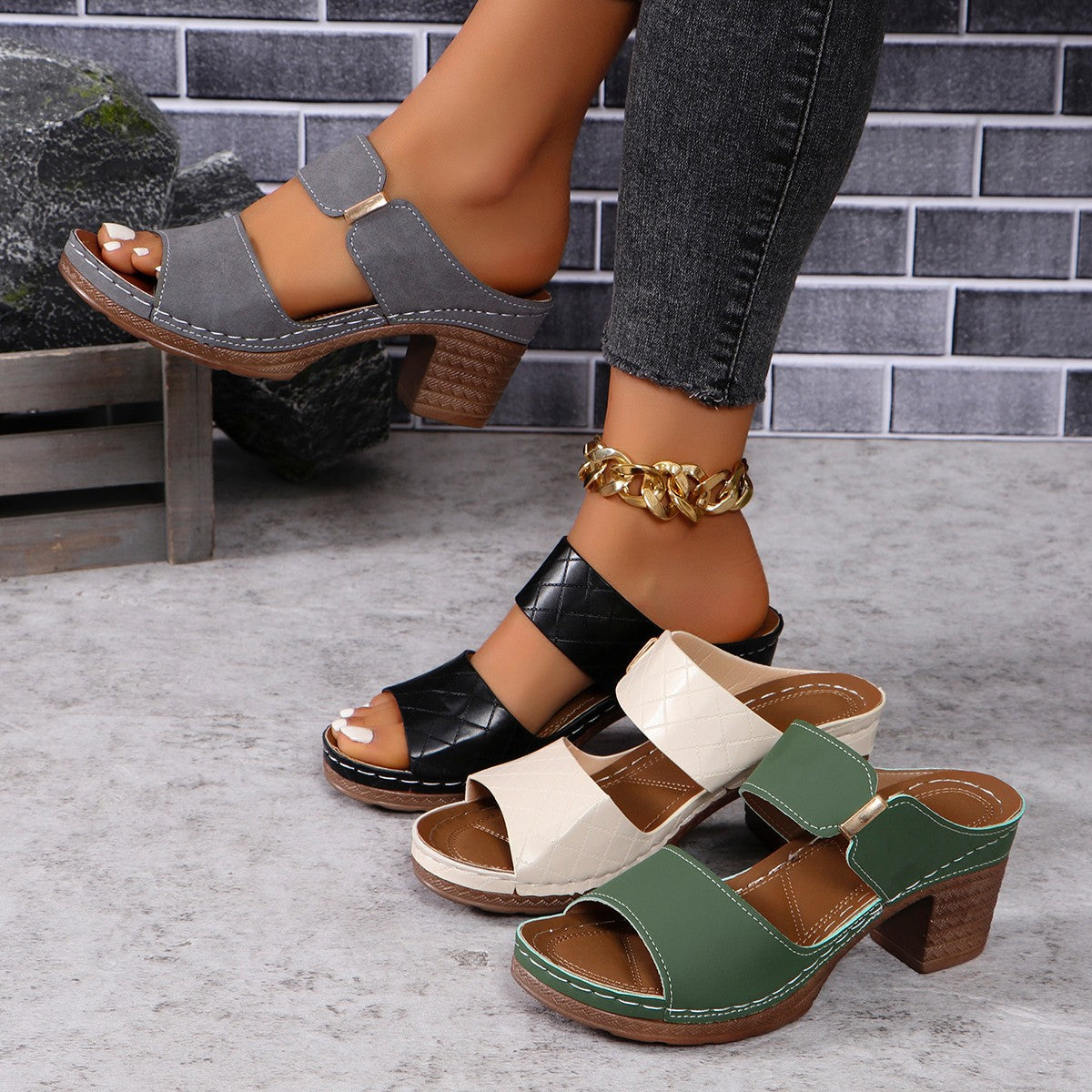 OrthoCare Chunky Heel Sandals - Plaid Comfort