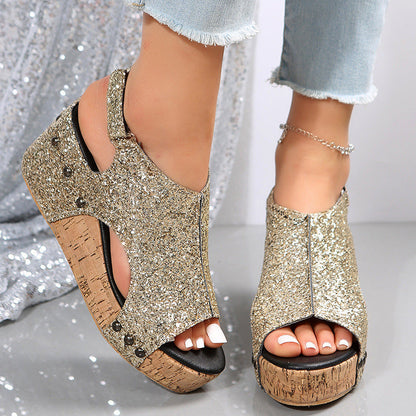 OrthoCare Summer Chunky Heel Sandals With Sequins And Velcro
