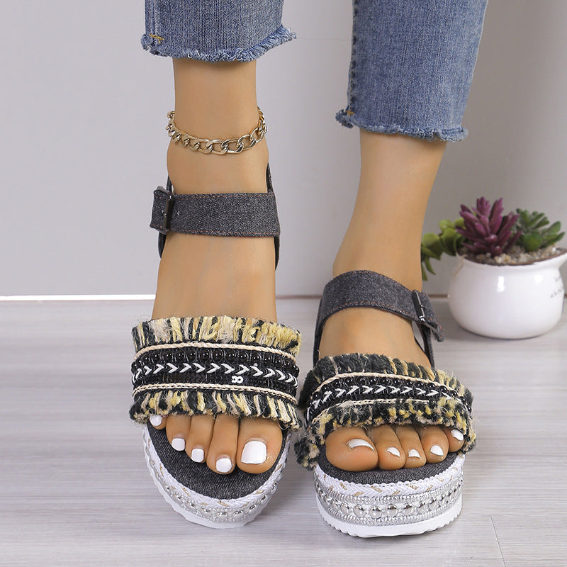 OrthoCare Denim Sandals With Fringe, Ethnic And Unique Style For Summer
