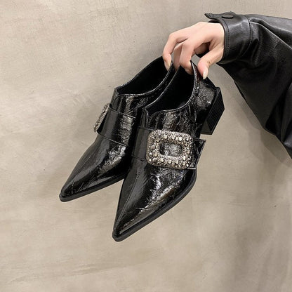 Glossy Buckle Strap Block Heel Loafers