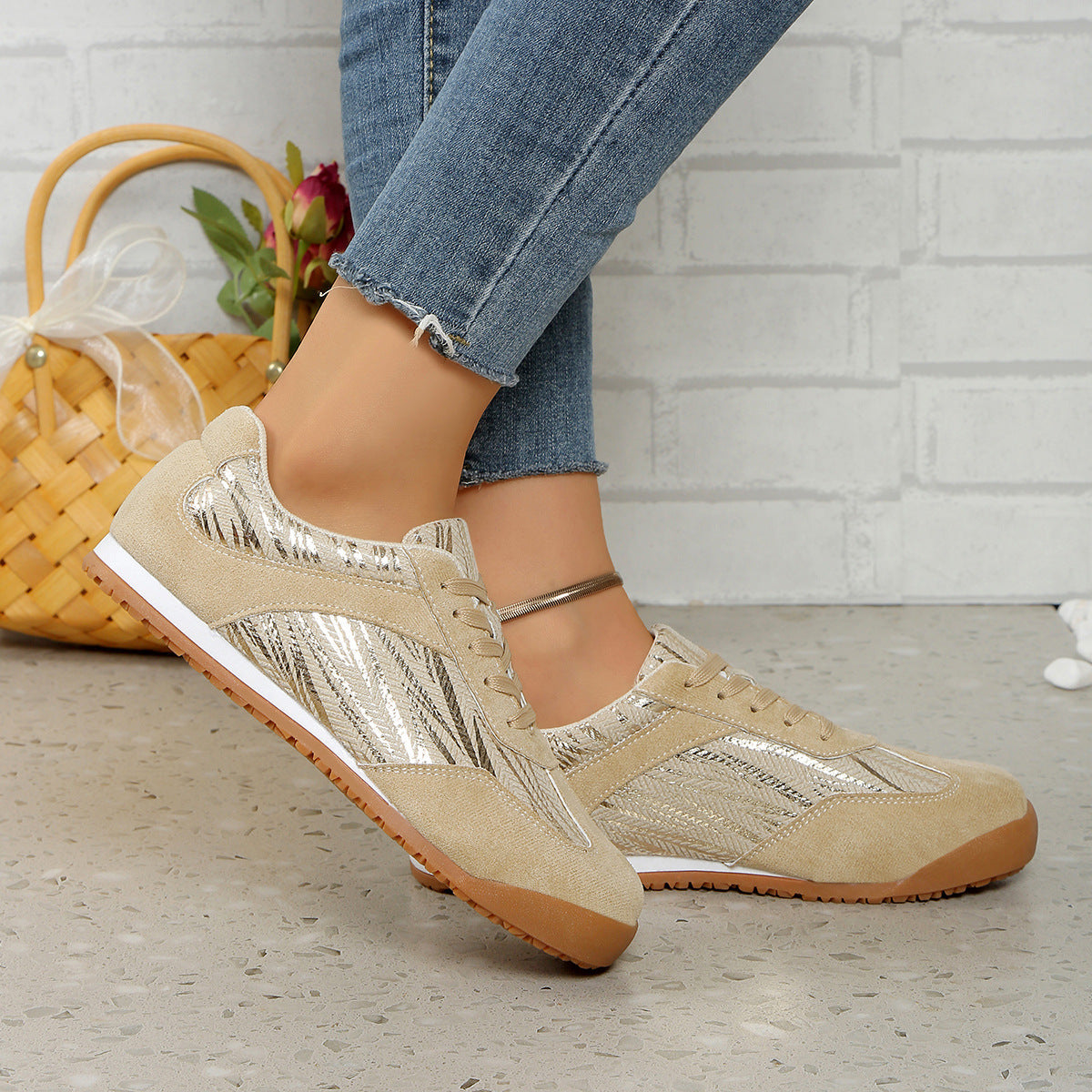 Laura | Orthopedic Beige Suede Pattern Sneakers – Casual Chic Comfort Shoes