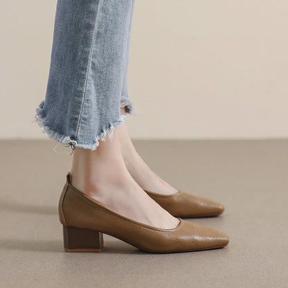 OrthoCare | Women’s Square-Toe Block Heel Pumps – Classic Textured Low Heels