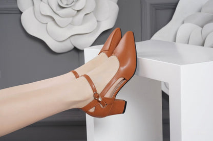 OrthoCare | Pointed Toe Ankle Strap Block Heel Pumps