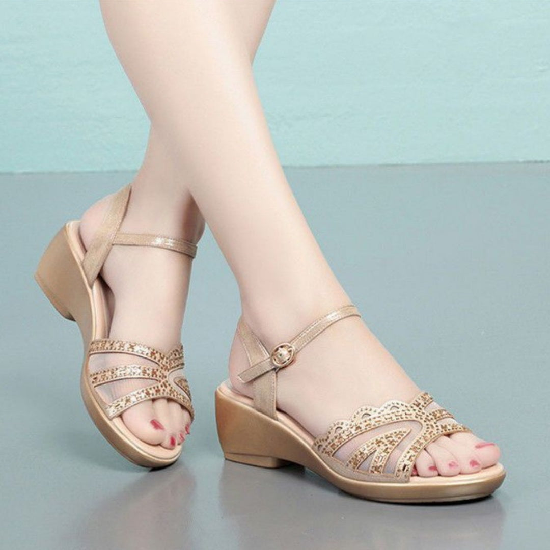 Rosavelle | Women’s Orthopedic Rhinestone Strappy Low Block Heel Sandals