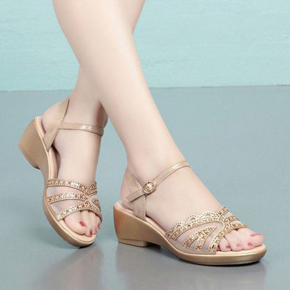 Rosavelle | Women’s Orthopedic Rhinestone Strappy Low Block Heel Sandals