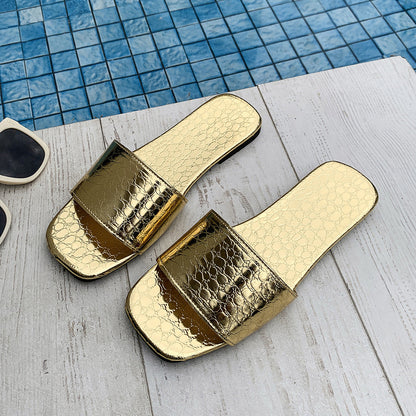 Quillar | Women’s Orthopedic Metallic Crocodile Slide Sandals