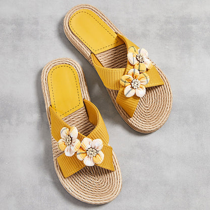 OrthoCare Floral Rhinestone Raffia Slide Sandals