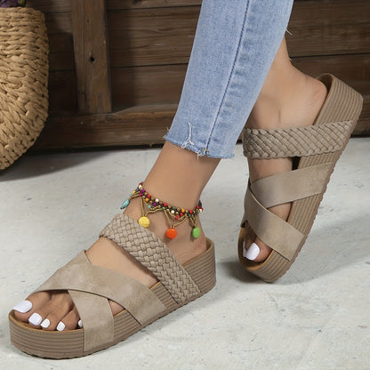Caitlin | Orthopedic Woven Platform Sandals – Cross-Strap Slip-On Comfort