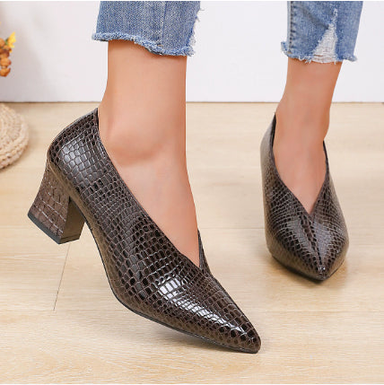 Mirevina | Women’s Orthopedic Croc-Embossed Pointed Toe Block Heel Pumps