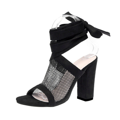 NoirLace | Orthopedic Bandage Block Heel Sandals with Mesh Detail