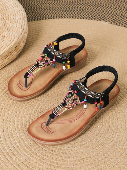 OrthoCare Bohemian Beaded T-Strap Flat Sandals