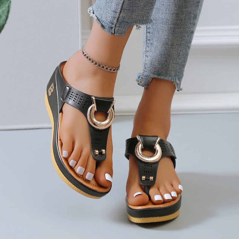 OrthoCare High Heel Thong Sandals With Metallic Decorations