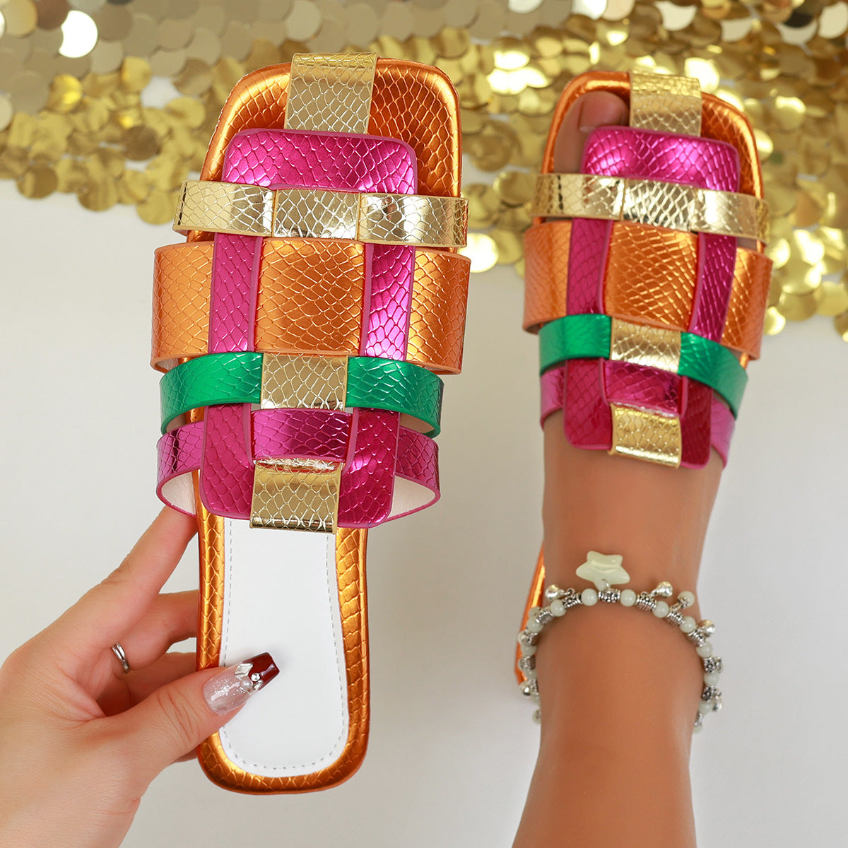 Lioraine | Women’s Orthopedic Rainbow Metallic Slide Sandals