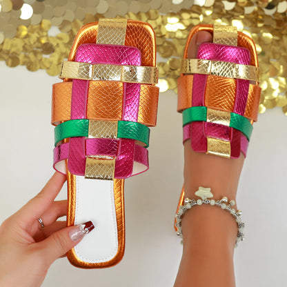 Lioraine | Women’s Orthopedic Rainbow Metallic Slide Sandals